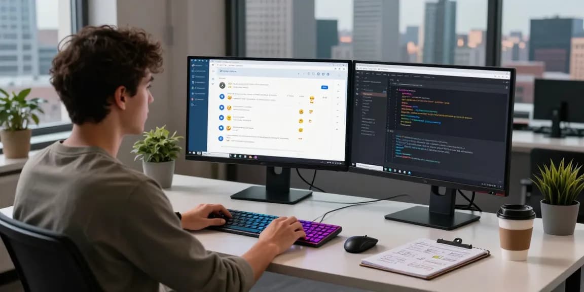 Developer utilizing the Telegram Web Version in a modern workspace with dual monitors showcasing chat and code.