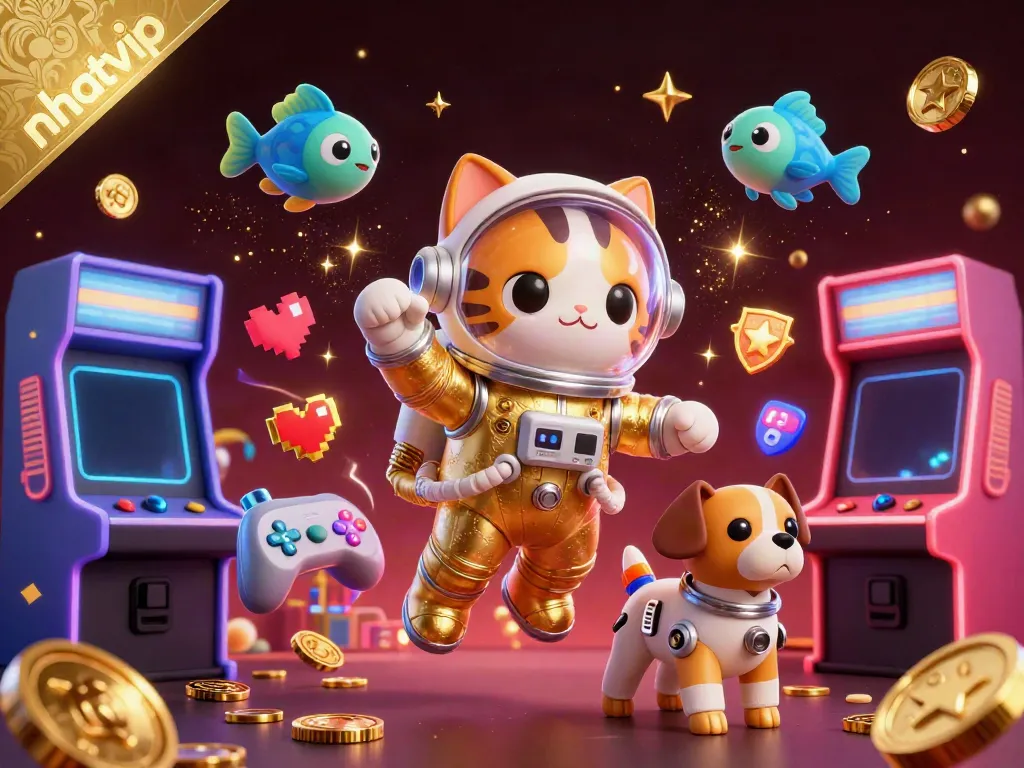 Nhatvip captures the cosmic excitement of gaming with a golden astronaut cat and vibrant arcade themes.