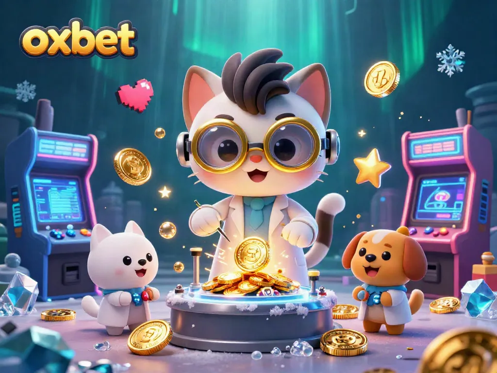 Engage with oxbet's vibrant casino adventures featuring a cartoon mad scientist cat crafting gold coins.