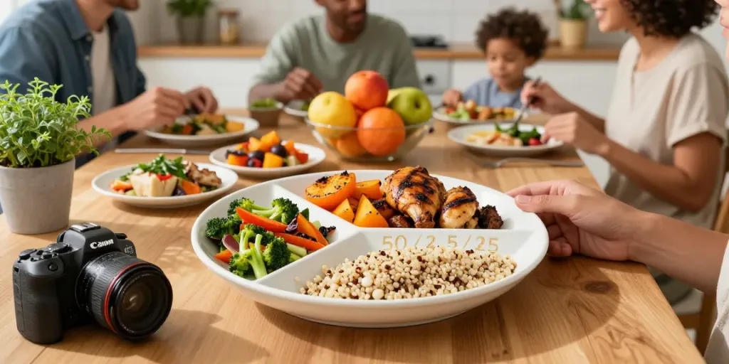 Balanced meal on a portion control plate showcasing healthy zones for vegetables, protein, and grains.