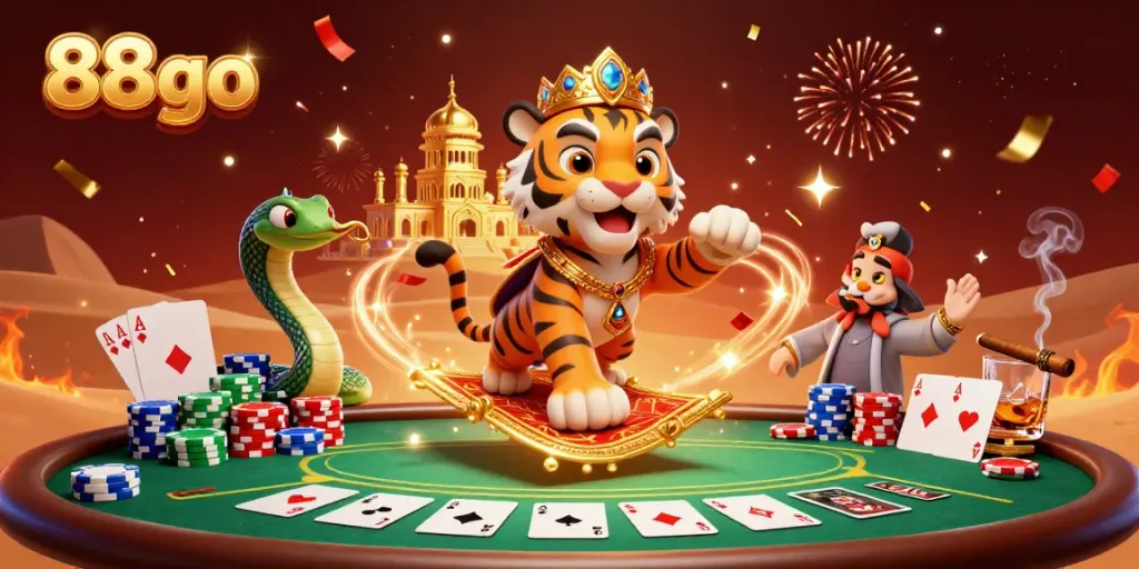 Experience the thrill of 88go casino with a vibrant 3D scene featuring a magical carpet of poker chips and celebratory elements.
