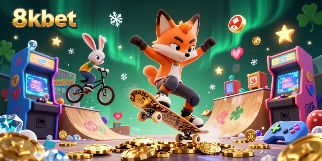 Experience the excitement of 8xbet with a cartoon fox performing stunts in a vibrant casino-themed scene