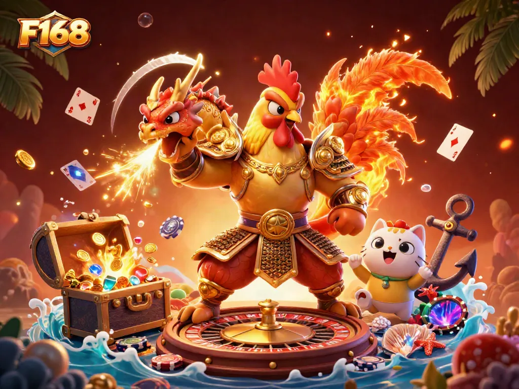 Experience F168's exciting casino atmosphere with a roaring dragon, samurai warrior, and colorful cards!