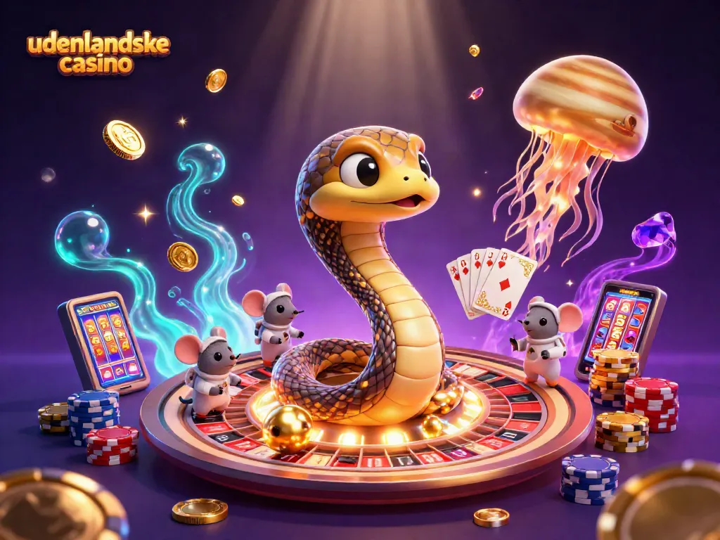 Engaging gamblers at udenlandske casino with roulette-wielding Saturn snake and vibrant cosmic action.