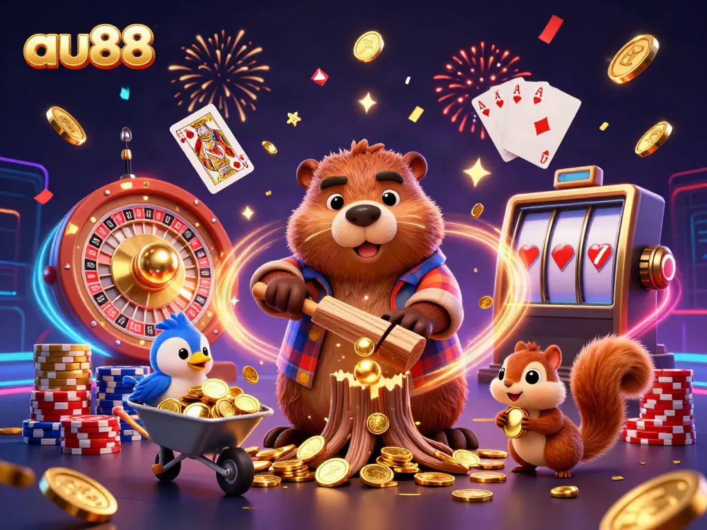Catch the excitement of au88 with a vibrant 3D scene of a beaver gathering golden coins in a lively casino