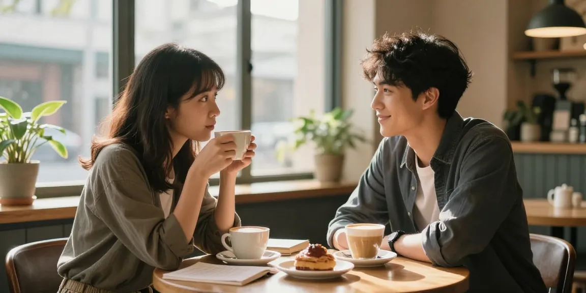 Emotional moment in café with a crush on someone, warm atmosphere, coffee on table