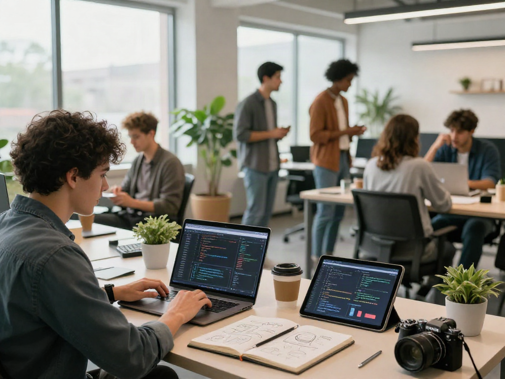 You can crush on innovative software in a bright tech workspace, showcasing collaboration and creativity.