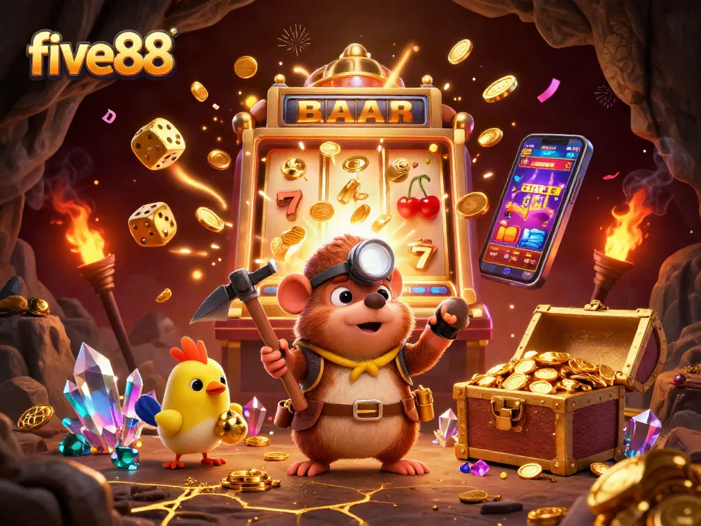 Experience thrilling moments at five88 with a vibrant illustration showcasing a treasure hunter mole and exciting slot machines.