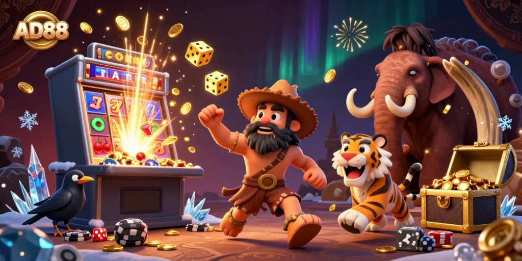 AD88 online casino scene with slot machines and playful characters, showcasing gaming excitement.