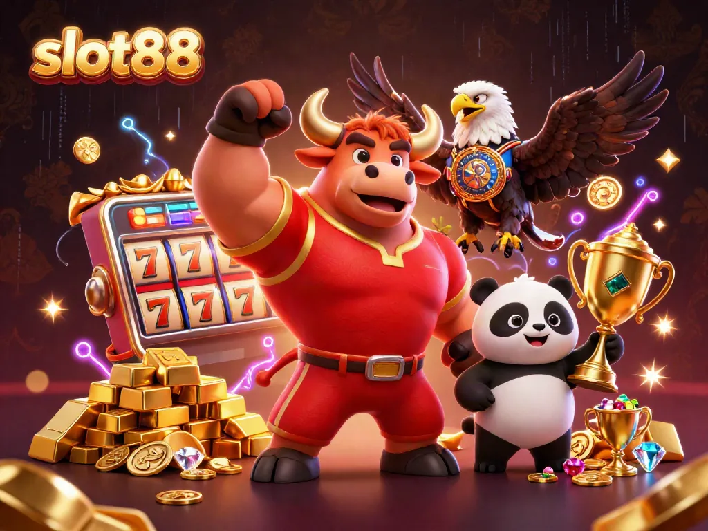 Experience the excitement of slot88 with a muscular bull mascot celebrating jackpot wins in a vibrant casino scene.