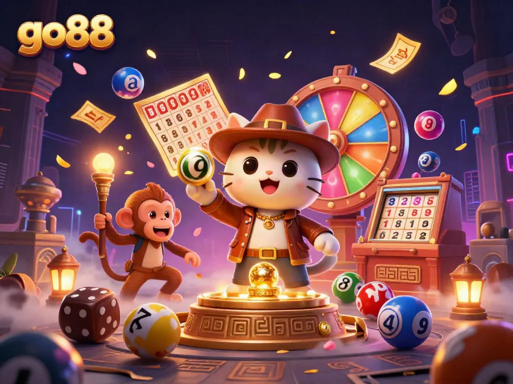 Experience go88 as a cartoon explorer cat uncovers golden casino treasures amidst vibrant gaming symbols.