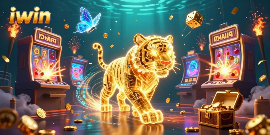 iwin casino scene with colorful slot machine jackpots and golden tiger in action