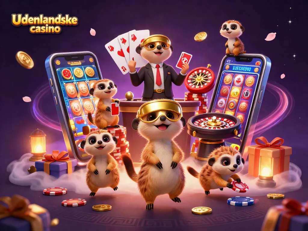 Experience the excitement of udenlandske casino with playful meerkats managing a vibrant gaming scene.