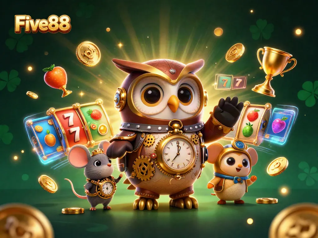 Experience excitement at Five88 with a 3D illustration showcasing colorful slot games, vibrant characters, and dynamic casino elements.