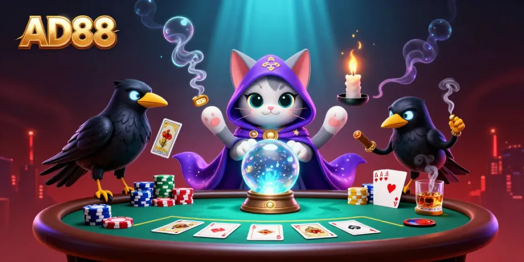Engage with AD88's vibrant casino atmosphere featuring mystical characters and rich gaming elements.
