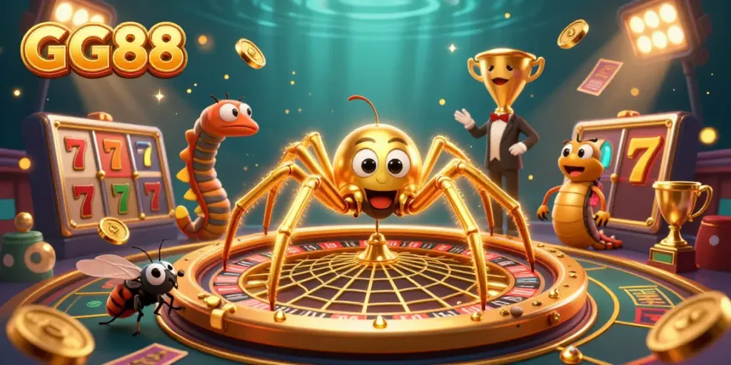 Experience GG88 excitement with a playful scene of gambling elements and animated characters.