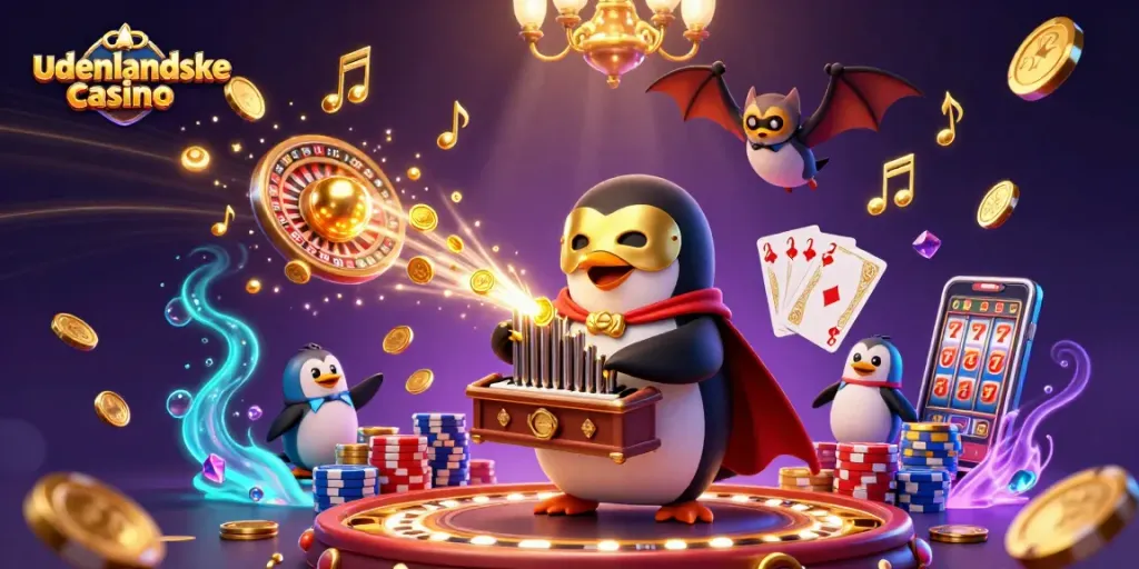 Experience the magic of udenlandske casino with a vibrant 3D illustration of a penguin and bat acrobat.