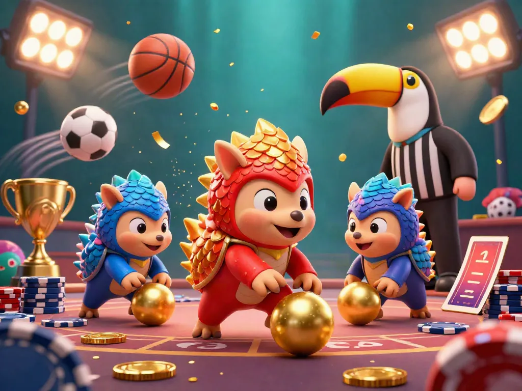 Engaging scene with top88 pangolins competing in a card game amid flying sports balls and confetti.