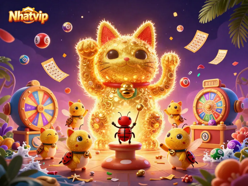 Nhatvip ignites excitement with a vibrant display of animated casino visuals and joyful symbols.