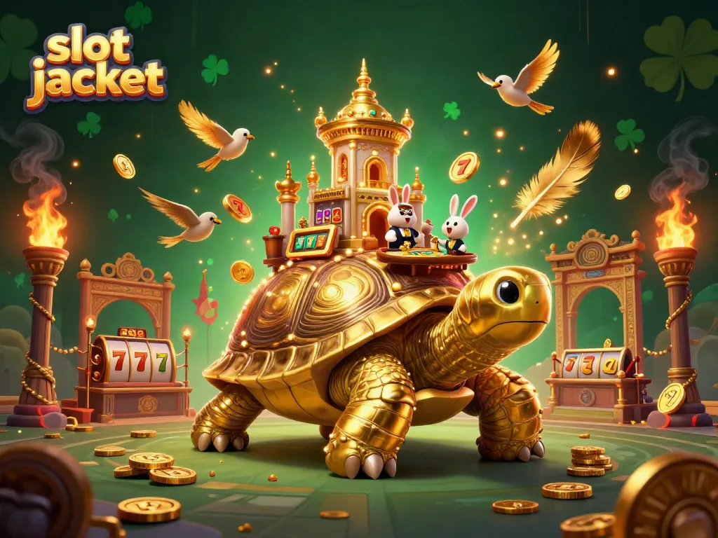 Experience the thrill of slot jackpot wins in this vibrant casino-themed illustration featuring golden tortoise and rabbit dealer.