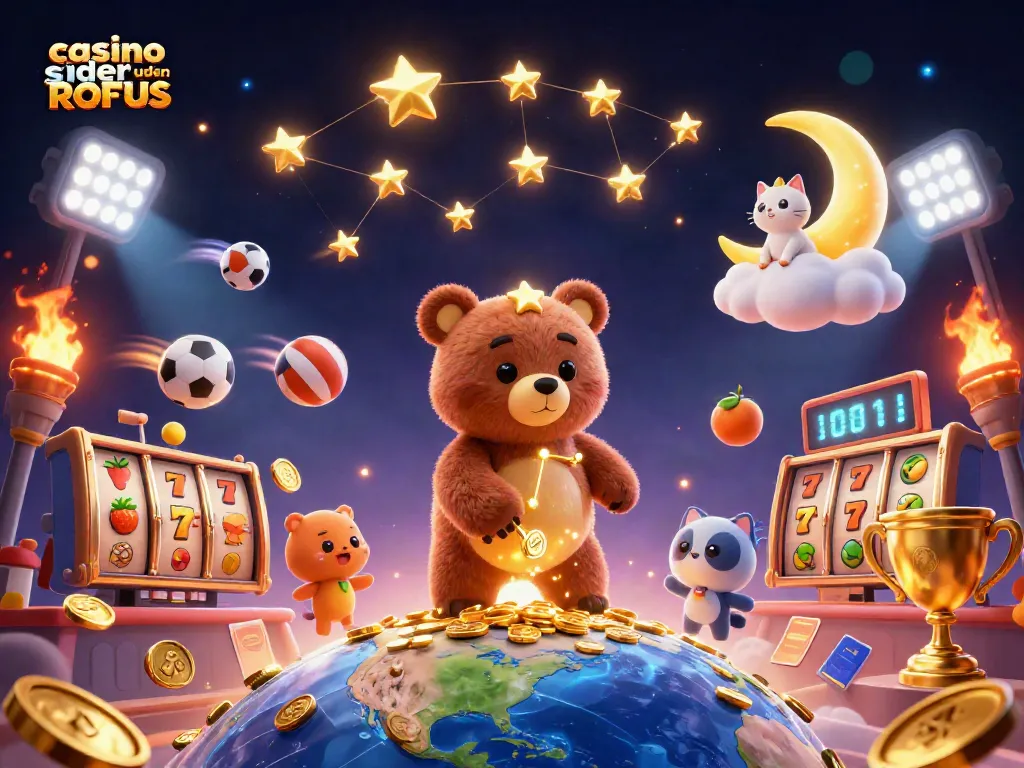 Engage with casino sider uden ROFUS through a dynamic 3D scene full of cosmic charm and gaming elements.