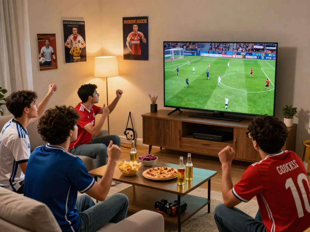 Xôi lạc TV fans enjoying a live football match in a cozy living room setting with snacks.
