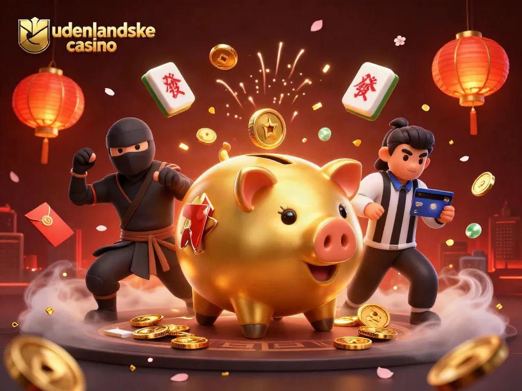 Experience the excitement of udenlandske casino with a lively 3D scene featuring a golden piggy bank sumo wrestler.