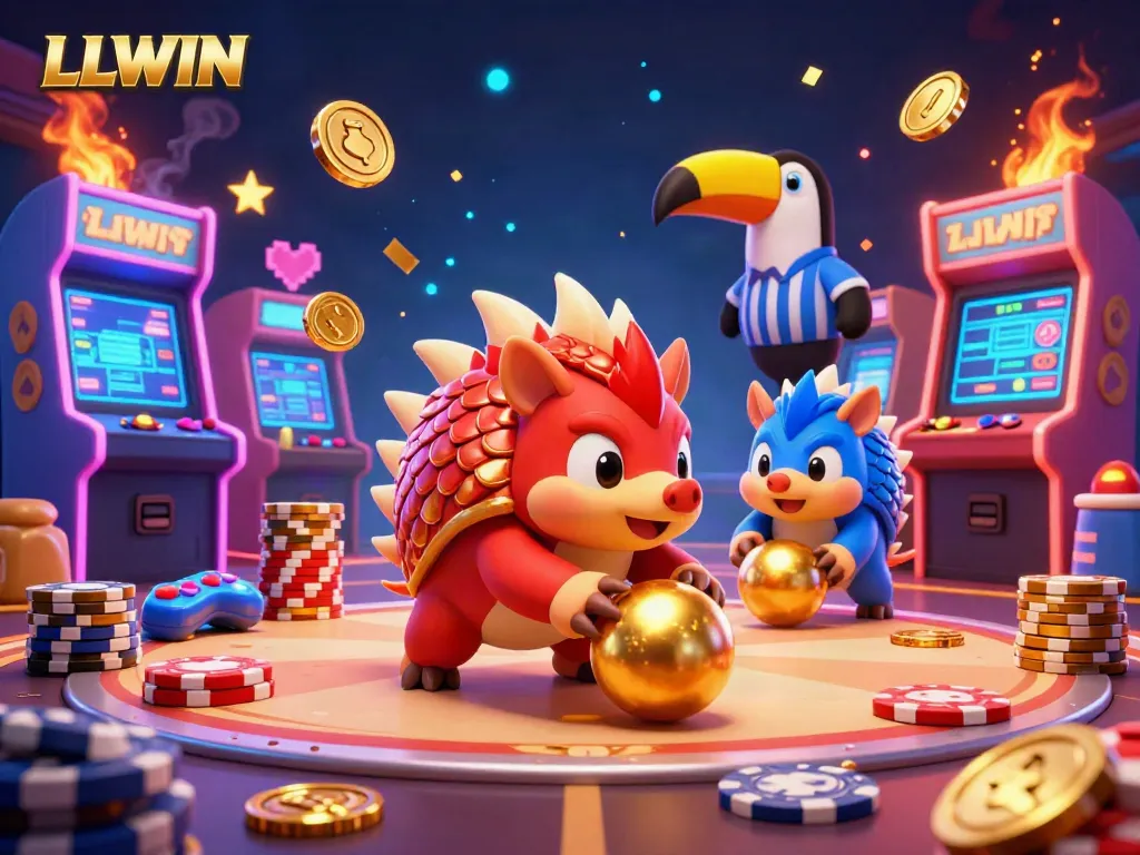 Experience the thrill of LLWIN with rival pangolins bowling gold chips in a dynamic casino scene.