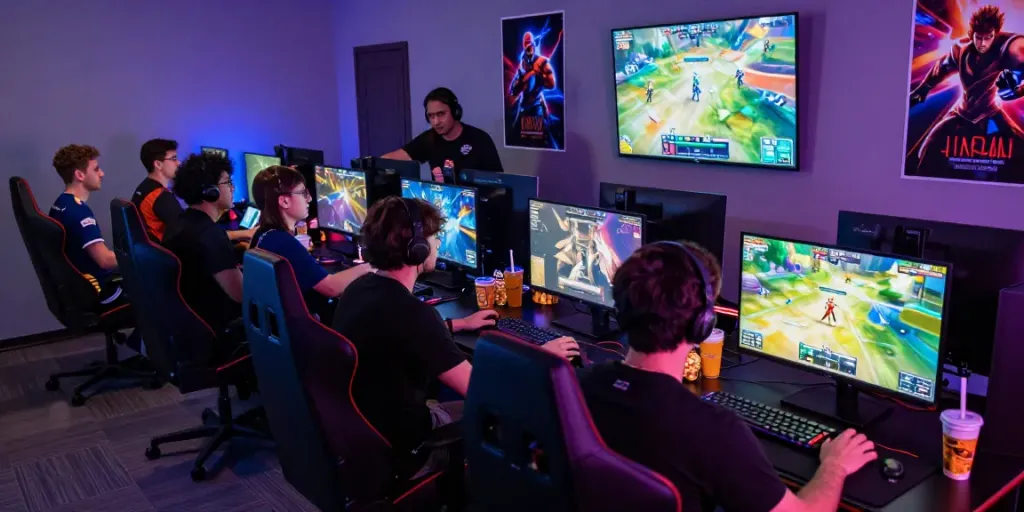 Exciting gaming lounge scene showcasing rokok88 community engagement and teamwork.