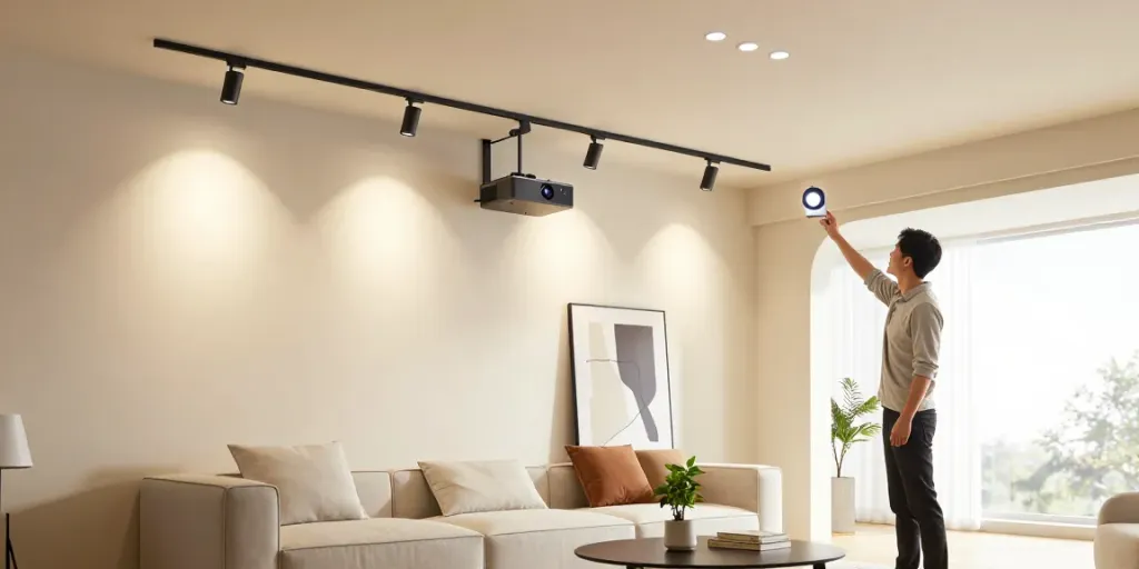 Iluminat modern cu sina magnetică, spoturi LED și design minimalist într-un living elegant