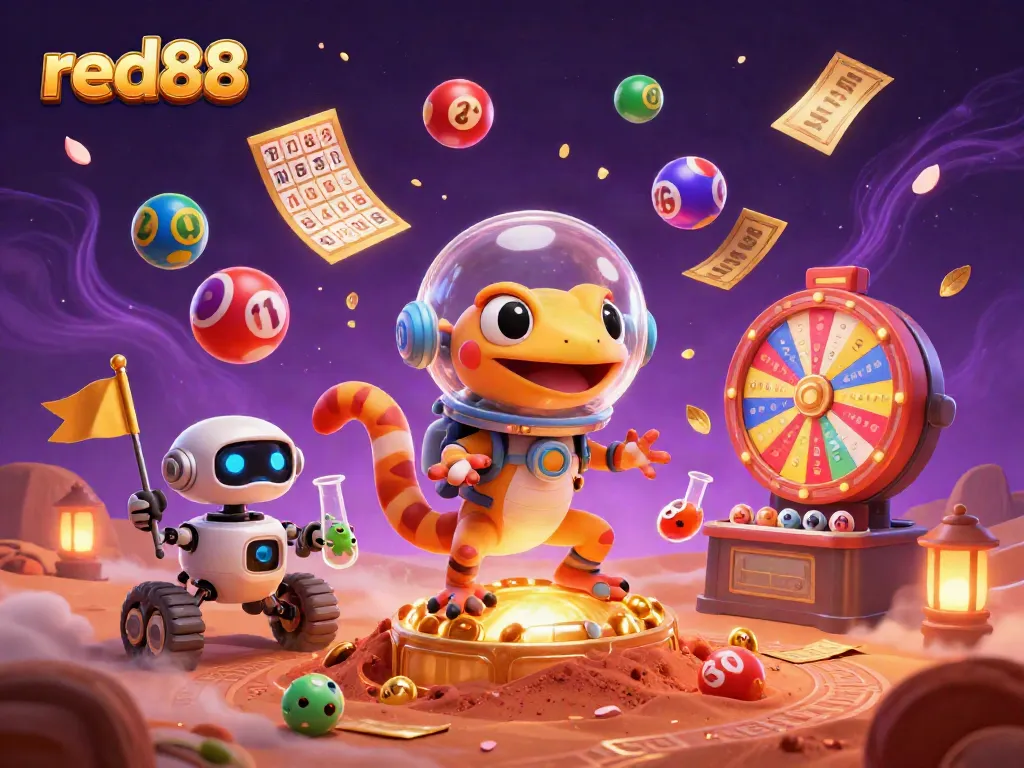 Experience excitement at red88 with a cartoon Martian gecko and vibrant casino elements.