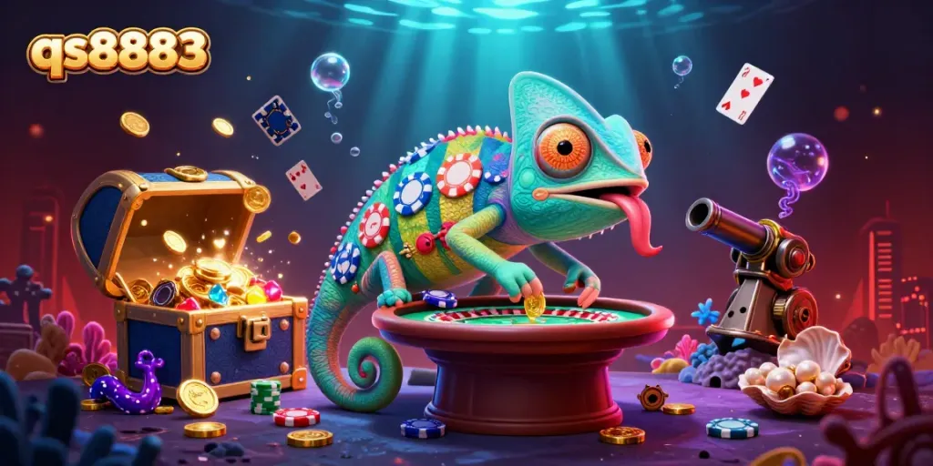 Experience exciting gameplay in qs8883 with our chameleon casino owner amidst sparkling undersea treasures.
