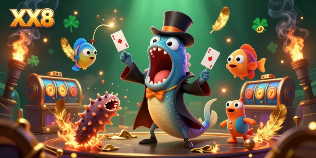 Experience the thrilling magic of XX8 with a whimsical scene featuring a gulper eel performing card tricks and casino elements.