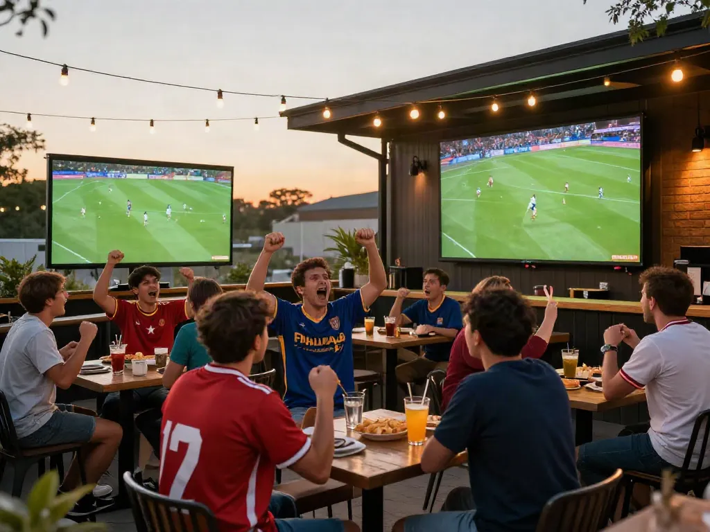 gà vàng tv fans cheering at a lively outdoor sports bar during a football match