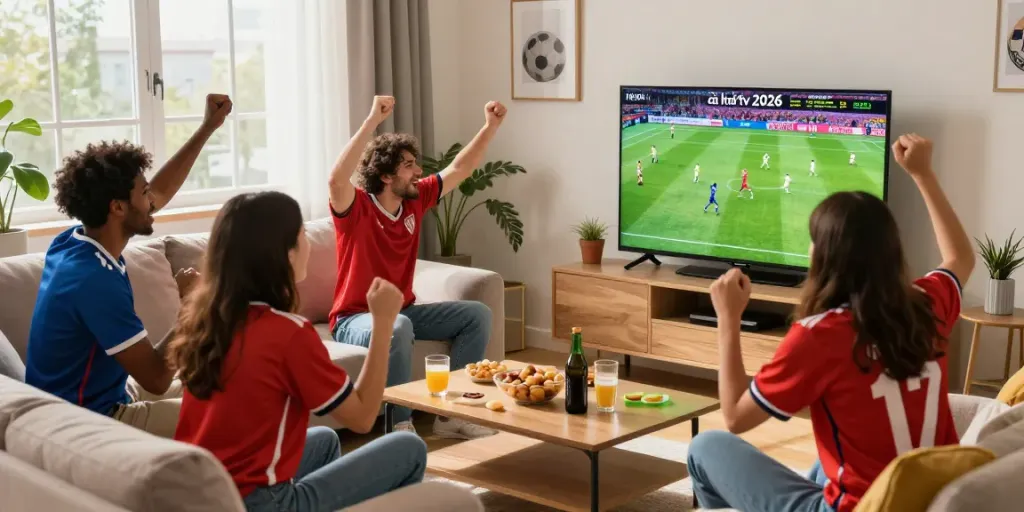 Friends enjoying cà khại tv in a lively living room while watching a soccer match.