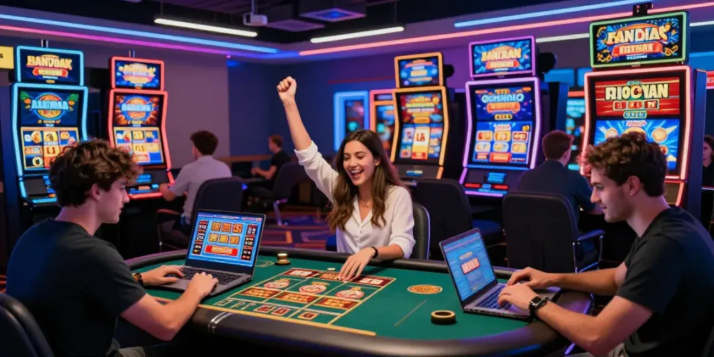 Exciting scene of players at online casinos that accept credit card, celebrating wins and engaging with vibrant game displays.