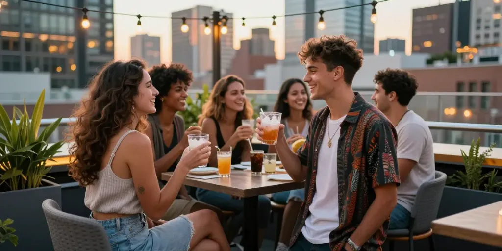 Friends enjoying a vibrant rooftop evening with rokok88 drinks, celebrating their friendship in a lively urban setting.
