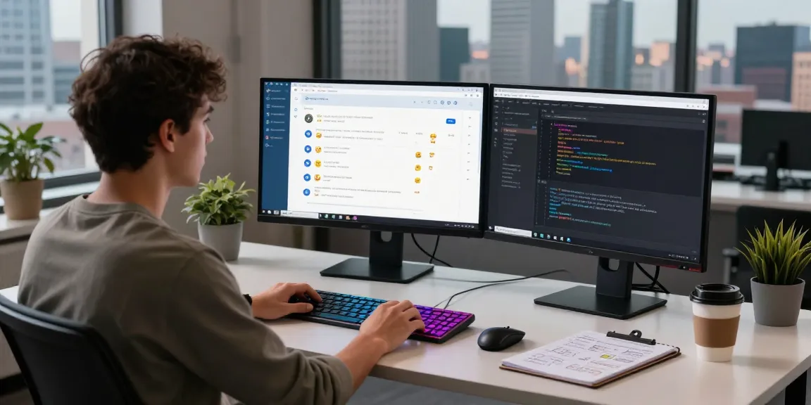 Developer utilizing the Telegram Web Version in a modern workspace with dual monitors showcasing chat and code.