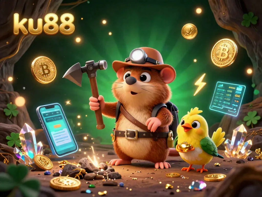 Experience exciting gameplay with ku88's animated treasure hunter in a rich, casino-themed cave.