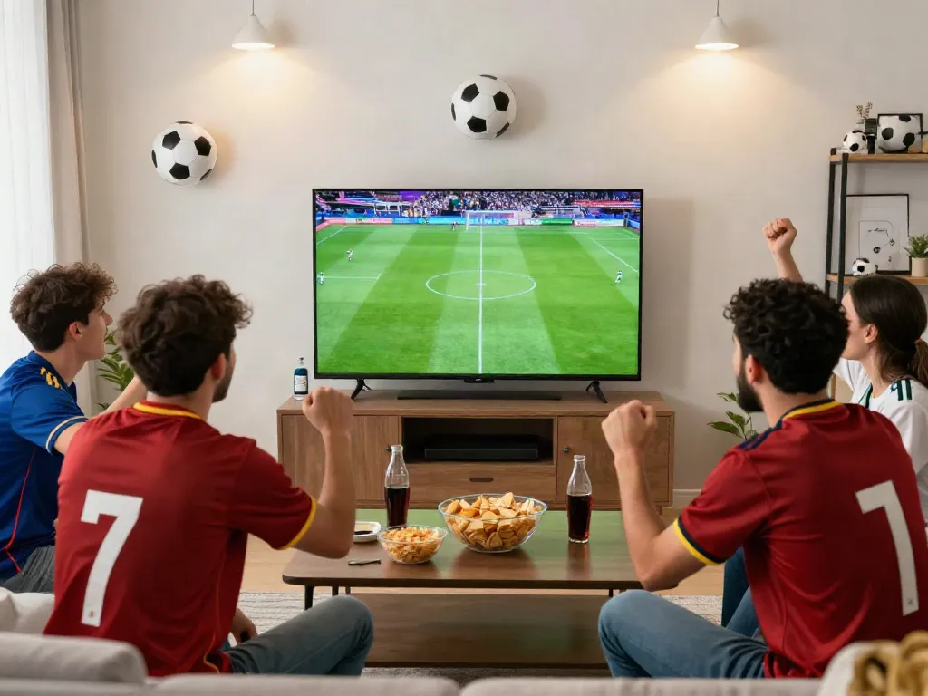 Friends enjoying a thrilling football match at home while watching thập cẩm tv.