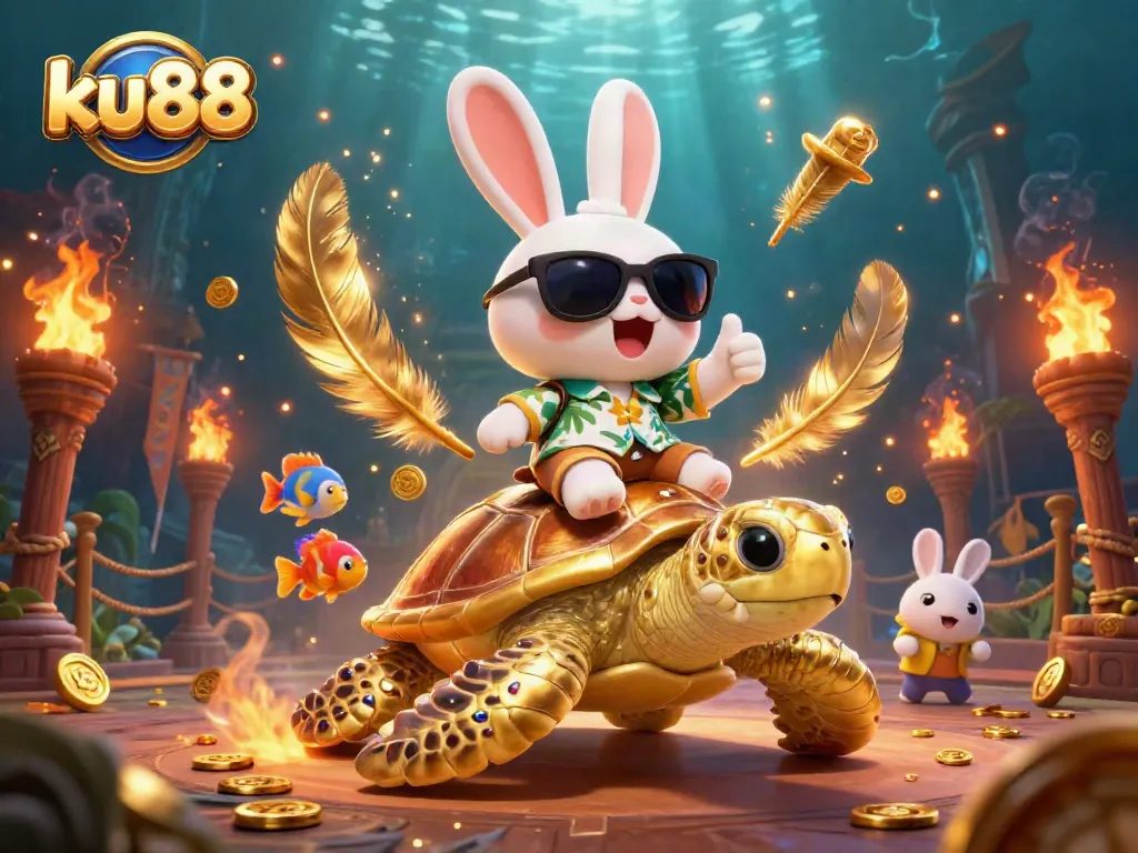Join the excitement at ku88 with a lucky rabbit and a golden sea turtle in a vibrant casino scene.