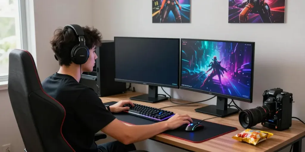 Gamer engaged in online gameplay with vibrant setups showcasing rokok 88.