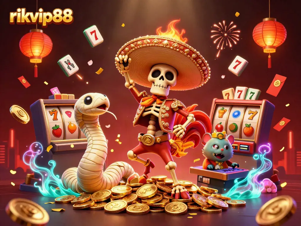 rikvip88 animated rooster celebrating amidst vibrant casino features, showcasing excitement and luck