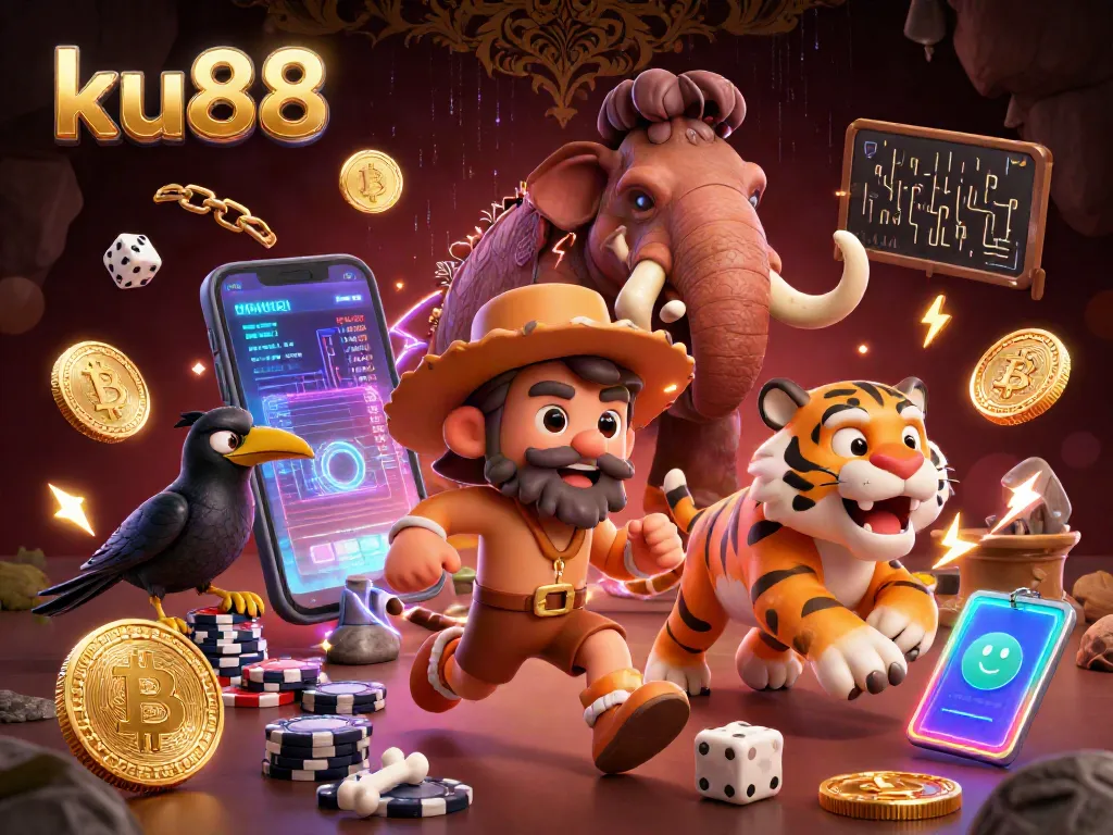ku88 showcases a vibrant ancient casino scene with characters and glowing currencies in action.