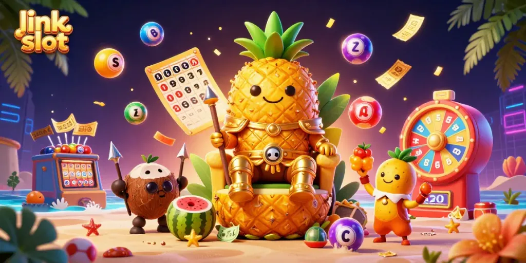 Engage with the dynamic link slot scene featuring a golden pineapple king with lucky gaming symbols.