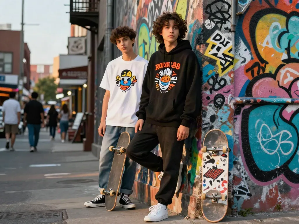 Young person modeling ROKOK88 streetwear collection in vibrant urban setting
