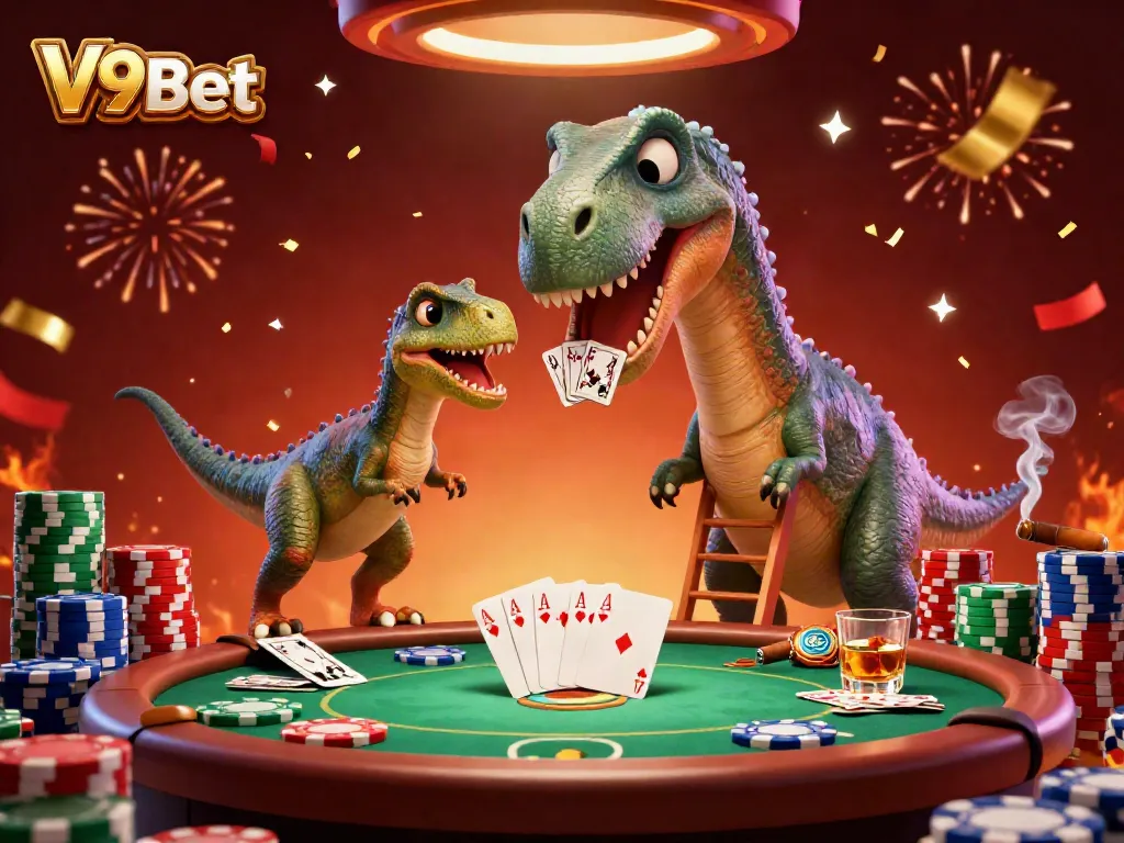 Play exciting poker with V9Bet at a lively casino scene featuring a cartoon brontosaurus and vibrant poker elements.