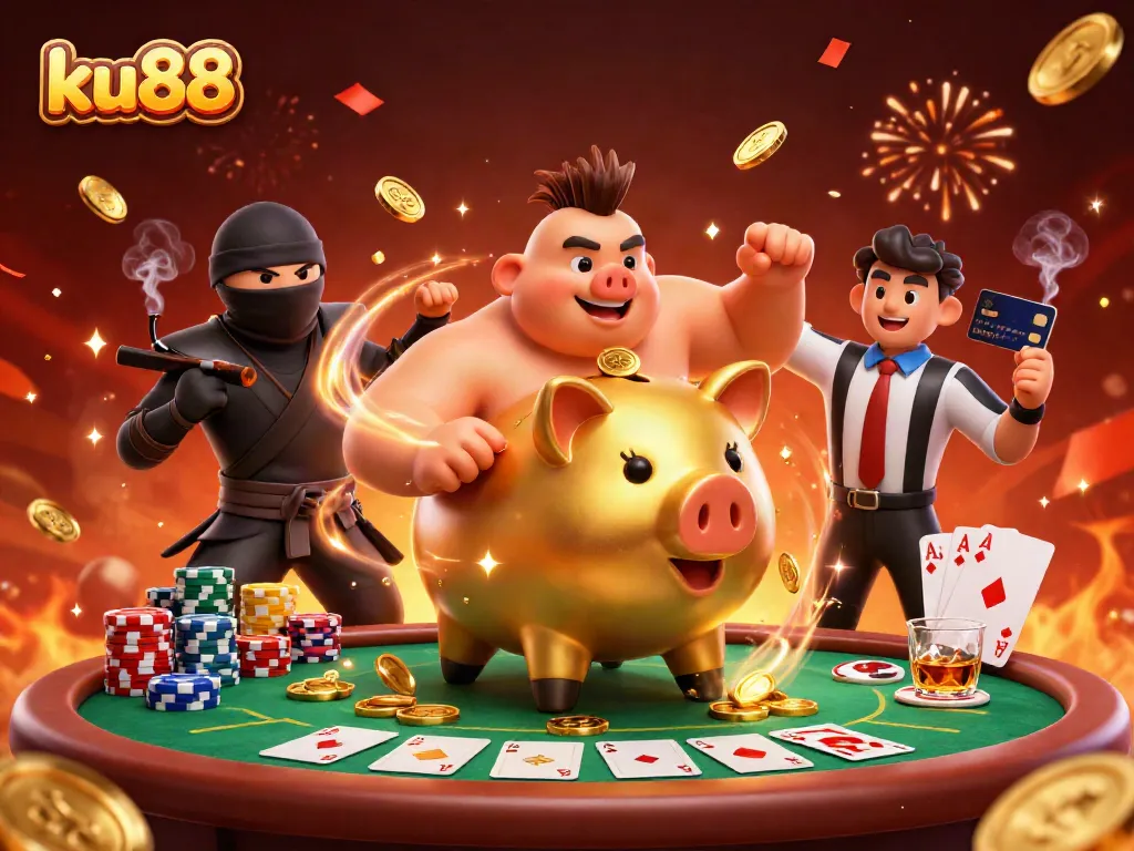 Engage with exclusive games at ku88, featuring a lively scene of a golden sumo piggy bank and a wallet ninja in action.