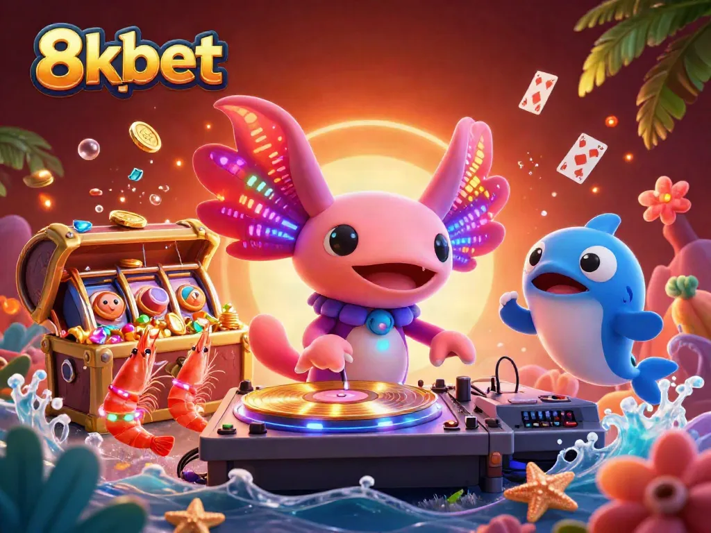 Experience thrilling gameplay with 8xbet's vivid underwater adventure featuring a DJ axolotl and dynamic characters.