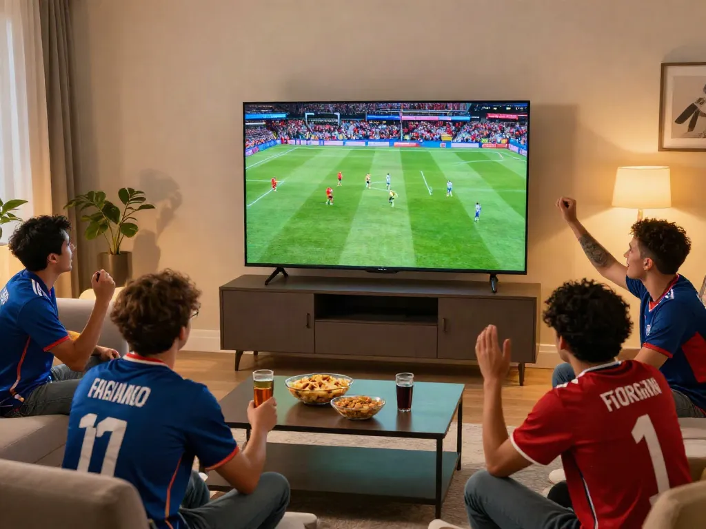 Excited fans enjoying cà khại tv in a lively living room during a football match.
